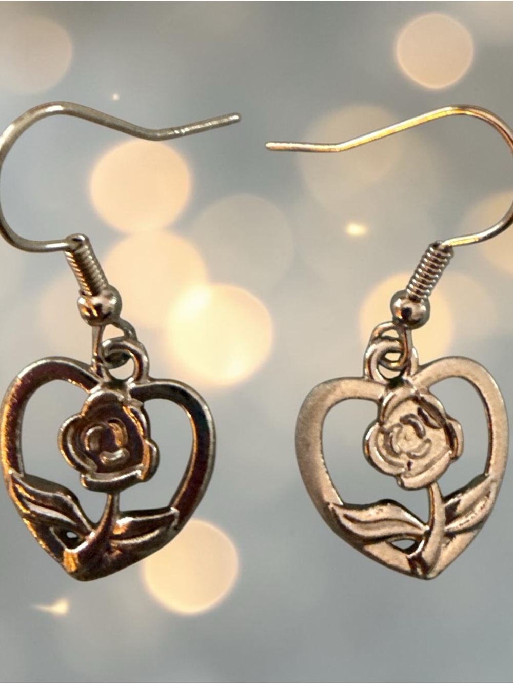 Silver Heart Rose Drop Earrings - Elegant Floral Dangle